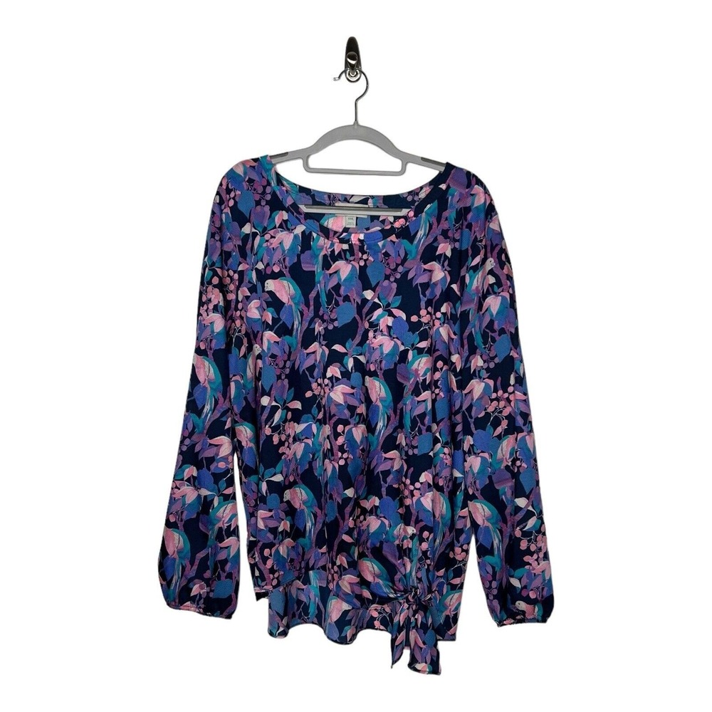 Belle Sky Womens Tropical Top Plus Size XXL Tie Front Colorful Birds Long Sleeve